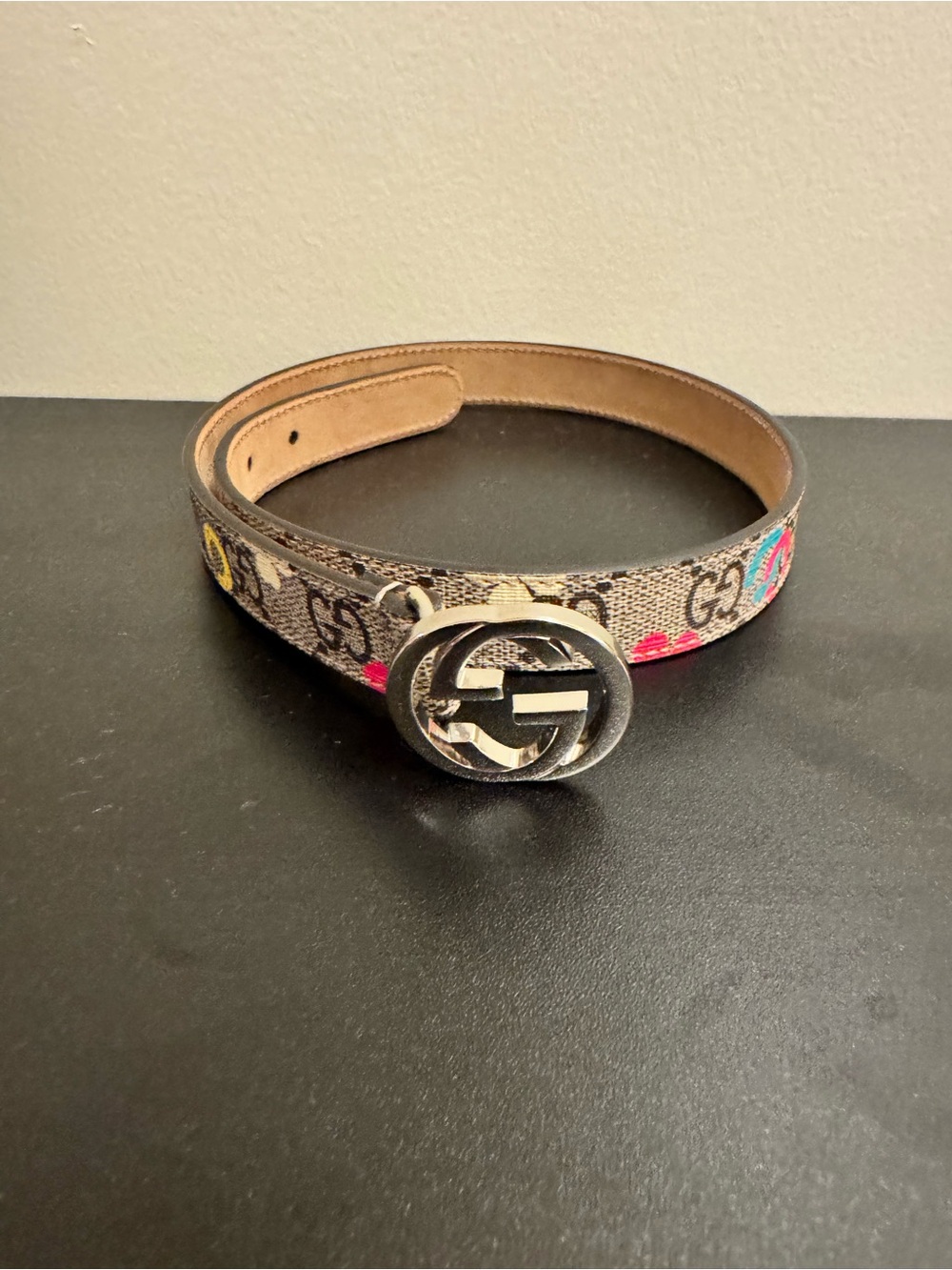 Gucci Beige GG Canvas Belt with Colorful Heart Accents